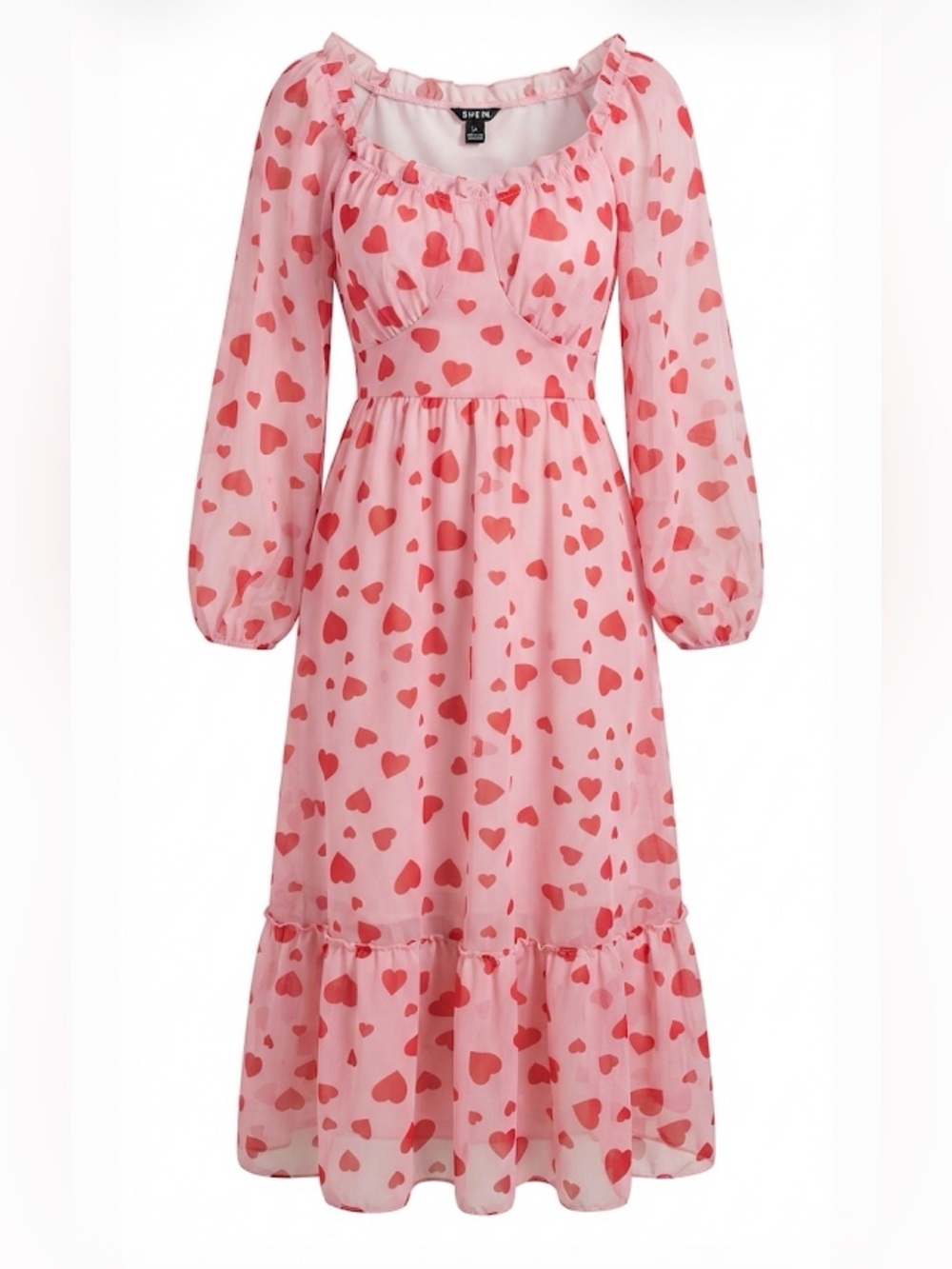Hearts Midi Pink Dress Balloon Sleeves 2XL
